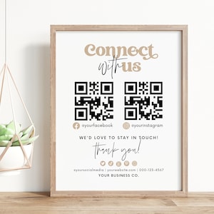 Printable Social Media Connect with Us Template Canva, Follow Us QR Code Sign Editable, Custom QR Code Small Business Socials Sign DIY |Hh