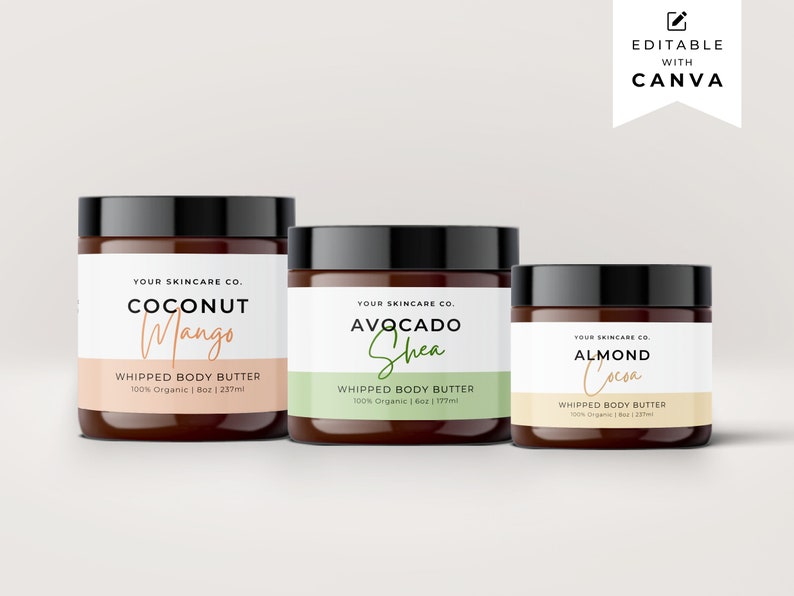 Body Product Label Template Canva, Body Butter Jar Label Editable, Printable Cosmetic Product Label Design, Skincare Custom Product Label Mm image 1