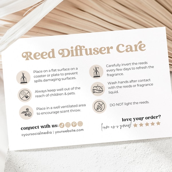 Reed Diffuser Care Card & Icons Template Canva, Printable Room Diffuser Care Instructions, Editable Home Fragrance Guide Parcel Insert Hh