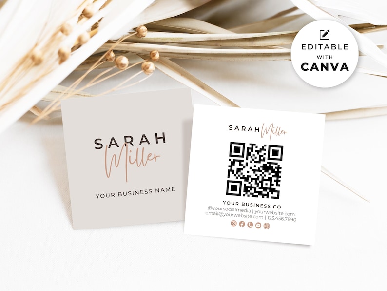 May include: Two square business cards with the name "Sarah Miller" in a stylish font. One card has a QR code and contact information. The other card has the business name. The cards are light beige with rose gold text.
