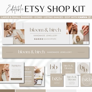 Könnte beinhalten: Editierbares Etsy-Shop-Kit mit großen und kleinen Bannern, Symbolen, Listungsbildern und Logos. Das Kit verfügt über eine neutrale Farbpalette mit goldenen Akzenten und einem minimalistischen Design. Der Text "bloom & birch" ist im Design prominent dargestellt.