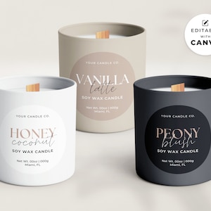 May include: Three soy wax candles in white, beige, and black containers with labels. The labels have the text "Your Candle Co." and the candle scents are "Honey Coconut", "Vanilla Latte", and "Peony Blush".