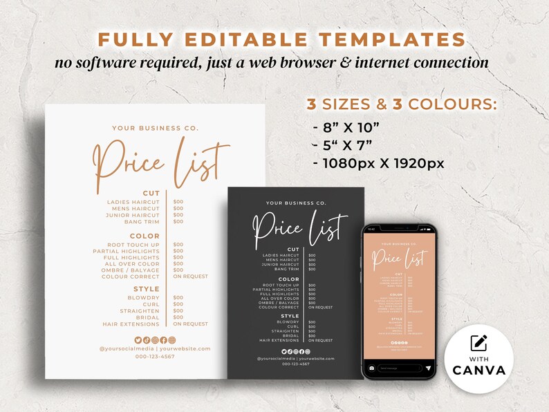 Editable Salon Price List Template, Canva Beauty Pricing Sheet Instagram, 3 Sizes (Digital Download) image 2