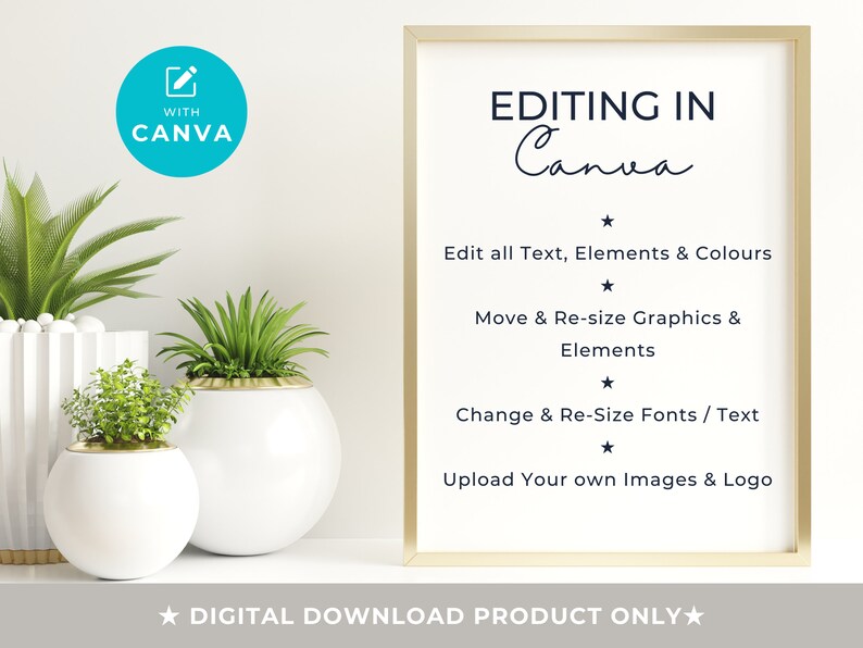 May include: A framed print with the text "EDITING IN Canva" and instructions for editing text, elements, and colors. The image includes decorative plants in white pots and a teal circle with the words "WITH CANVA". The words "DIGITAL DOWNLOAD PRODUCT ONLY" are at the bottom.