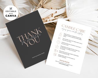 May include: A black and white thank you card with pink text. The card says "Thank you so much".  A white card with black text and icons provides candle care instructions. The text says "Candle Care: Enjoy your candle safely".