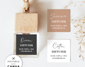 May include: Three printable labels for car diffusers. The labels are white with black text and feature the words "Ocean", "Summer", and "Cotton" with the word "Diffuser" underneath. Each label also includes the text "Net Wt. 0.00fl.oz - 00ml" and "YOUR BRAND CO."