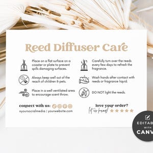 Reed Diffuser Care Card Template Canva, Printable Room Diffuser Care Instructions, Editable Home Fragrance Safety Card Thank You Insert Hh