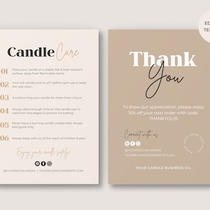 Editable Candle Care Card Template Canva, Candle Business Thank You Card Care Instructions, Printable Thanks For Your Order Package Insert