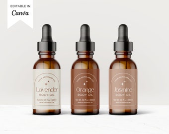 Puede incluir: Tres botellas de vidrio ámbar con goteros y etiquetas. Las etiquetas son blancas con un arco marrón y texto que dice "Your Skincare Co." y el aroma del aceite corporal: "Lavender", "Orange" y "Jasmine".