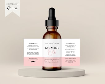 May include: A brown glass bottle with a dropper top and a white label. The label says "Your Skincare Co. Jasmine Oil jasmine + jojoba oil 100% Organic | 1 oz | 30ml" and lists directions and ingredients.