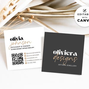 Square Business Card QR Code Template Canva, Editable Square Business Card Design, Printable QR Code Small Business Card Customisable Mi2