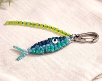 Handmade Beaded Blue Fish Charm Keychain, Colorful Blue Green Fish Purse Pendant Bag Charm Keychain, Gift for Her