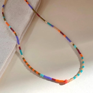 summer beach necklace with tiny beads. multicolor necklace trendy necklace. bright colors vivid colors with turquoise orange purple pink tones