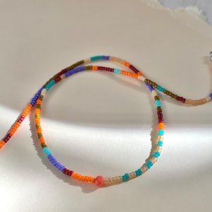 A multi-colored beaded necklace with a single larger coral colored bead in the center. The necklace is made of small, round beads in shades of brown, orange, red, purple, blue, and turquoise.