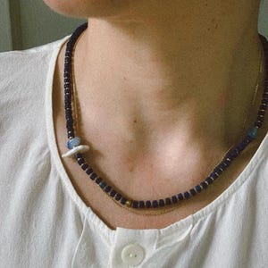 Beaded Gemstone Necklace, Gemstone Lapis Pearl Beaded Charm Necklace, Beaded Jewelry, Dainty Statement Lapiz Necklace Gift for Mom Her