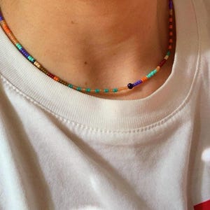 summer beach colorful necklace with tiny beads and crystal bead. multicolor necklace trendy necklace. bright colors vivid colors with turquoise orange purple pink tones