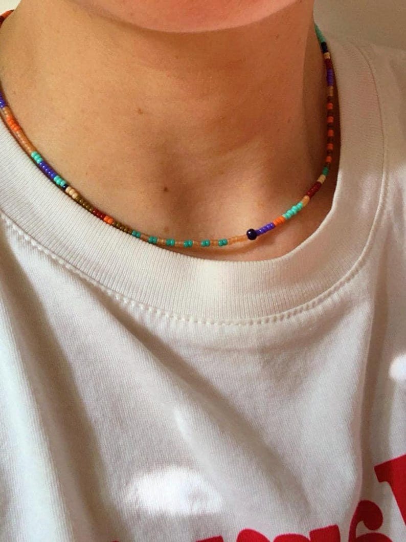 summer beach colorful necklace with tiny beads and crystal bead. multicolor necklace trendy necklace. bright colors vivid colors with turquoise orange purple pink tones
