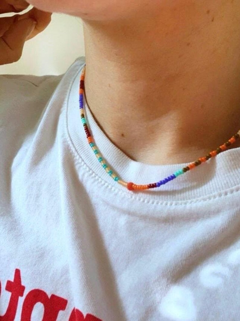 summer beach colorful necklace with tiny beads and crystal bead. multicolor necklace trendy necklace. bright colors vivid colors with turquoise orange purple pink tones