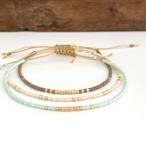 Handmade Tiny Beaded Bracelets, Delicate Adjustable Minimalist Boho Stacking Bracelets, Green Earth Tones Seed Bead Bracelet, Gift for Her