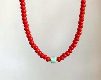 Red Beaded Choker Necklace, Turquoise Ceramic Pendant Necklace, Minimalist Beaded Jewelry, Handmade Glass Seed Bead Necklace Summer Jewelry