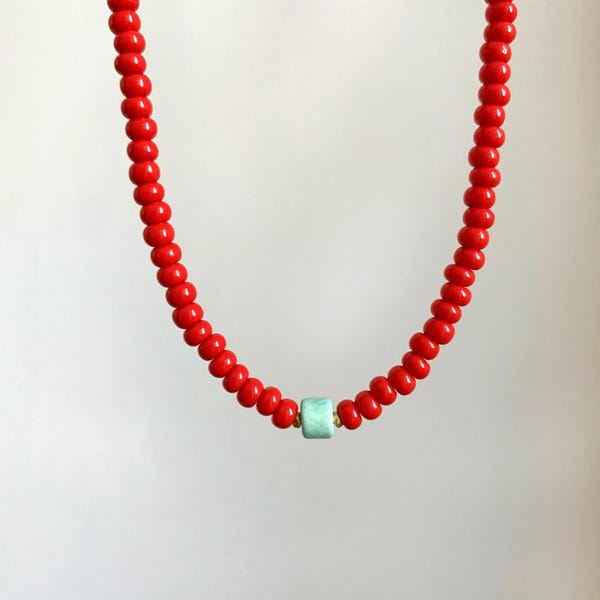 Red Beaded Choker Necklace, Turquoise Ceramic Pendant Necklace, Minimalist Beaded Jewelry, Handmade Glass Seed Bead Necklace Summer Jewelry
