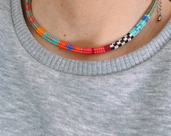 Handwoven beaded necklace, multi colors beaded jewelry, checkered design necklace, seed bead necklace, minimal glamour