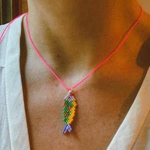 Beaded Fish Charm Necklace, Seed Bead Fish Necklace, Adjustable Beaded Fish Charm Colorful Neon Pink String Cord Summer Necklace Gift Her