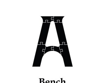 May include: Black letter "A" composed of puzzle pieces, with the word "Bench" below. The letter is a solid black color, and the puzzle pieces are clearly defined. The background is plain white.
