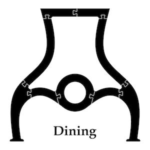 May include: Black, stylized illustration of a dining table base with a central circular element and curved legs. The base is designed with interlocking puzzle piece joints. The word "Dining" is printed below the base.