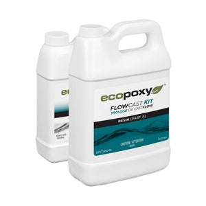 May include: Two white plastic bottles of ecopoxy Flowcast Kit resin, labeled "Resin (Part A)" and "1 Litre".