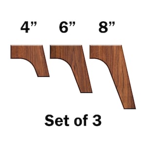 May include: Set of three wooden furniture legs in brown, with a curved design. The legs are 4 inches, 6 inches, and 8 inches tall. Set of 3.