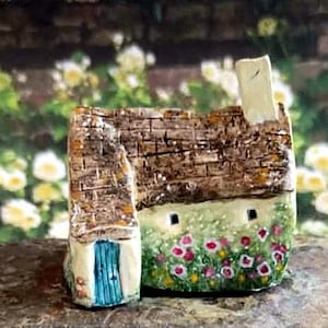 Miniature Ceramic pale Yellow Cottage with Wildflowers and Blue Doors 2025