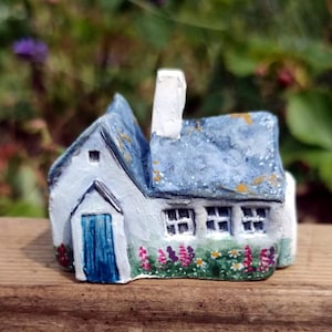 Handmade White Ceramic Miniature Cottage with Blue Doors and Many Lovely Garden Flowers 2025