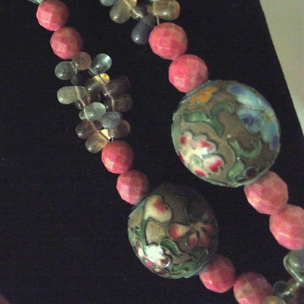 Rare Ojime Cloisonné Large 25mm Floral Cloisonné Beads w/ Fluorite Briolleté & faceted Rhondonite Beads