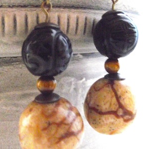 Tiger Coral w/ Sterling Caps and Onyx Shou Beads Tigers Eye Earrings