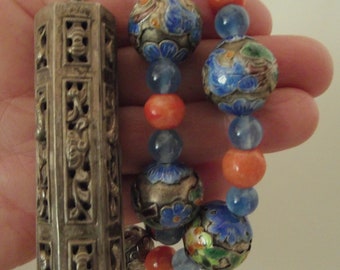 Antique Chinese Qing Needle Case Pendant w/ Vintage Cloisonné and Coral Bead Necklace