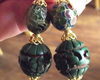 Rare Chinese Plique a Jour Chinese Earrings w/ Bali Gold and Rare Green and Red Cinnabar