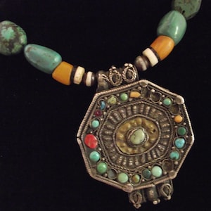 Large Rare Rustic Tibetan Nepal Gau Ghau Pendant w/ Turquoise Nuggets Necklace