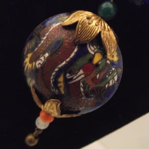 Asian Art Deco Champlevé Ojime Dragon Phoenix Brooch Pendant with Necklace Cloisonné Dragon