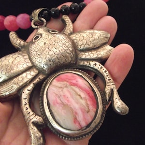 Vintage Huge Silver Nepal Tibet Bee Pendant w/ Rhodochrosite and Silver & pink stone beads