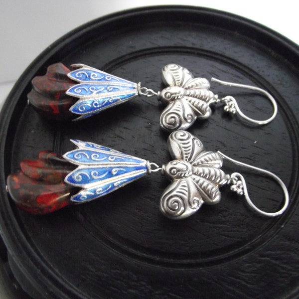 Chinese Vintage Carved Jasper earrings w/ Sterling Taxco Butterflies