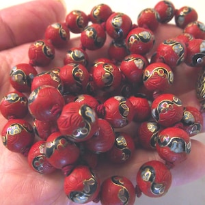 Rare Chinese Cinnabar Beads with Cloisonné Inlay Vintage Necklace