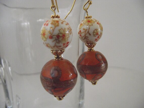 Vintage Venetian Murano Earrings w/ Tensha Beads … - image 1