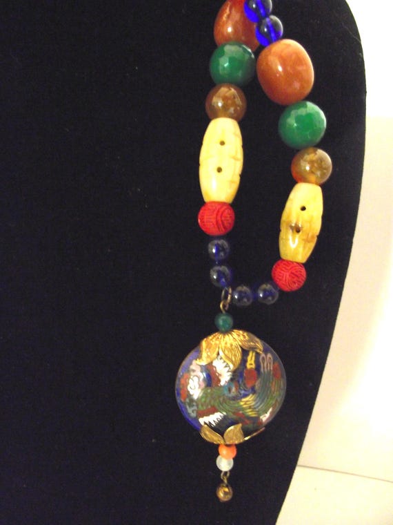 Asian Art Deco Champlevé Dragon Phoenix Brooch Pendant with Necklace Cloisonné Dragon
