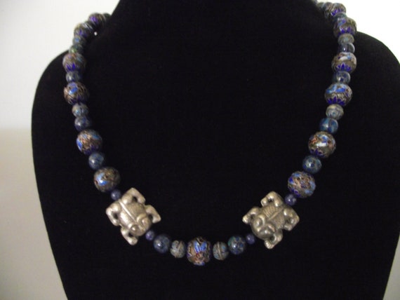 Vintage Chinese Necklace Silver Cloisonné beads w… - image 1