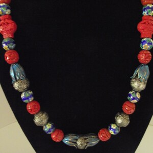 Vintage Chinese Cloisonné Beads with Cinnabar and vintage silver Chinese bead Necklace
