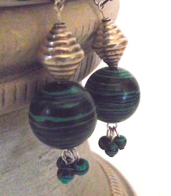 Rare Mid-century Malachite Earrings w/ Vintage Si… - image 2