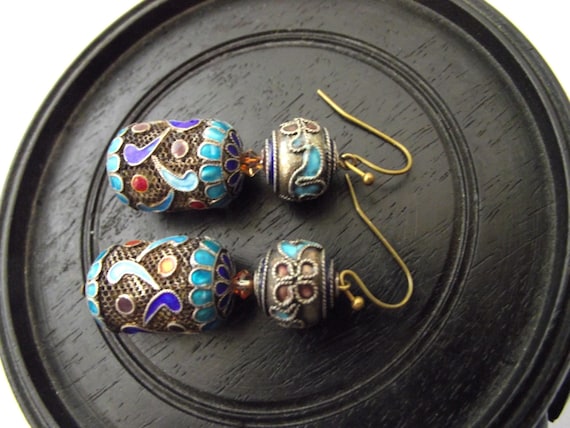 Antique Chinese Pierced Filigree Enamel Earrings … - image 1