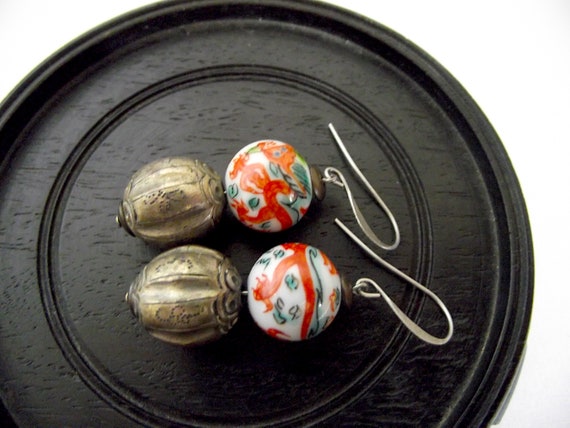 Vintage Porcelain Dragon Silver Qing bead earrings - image 7