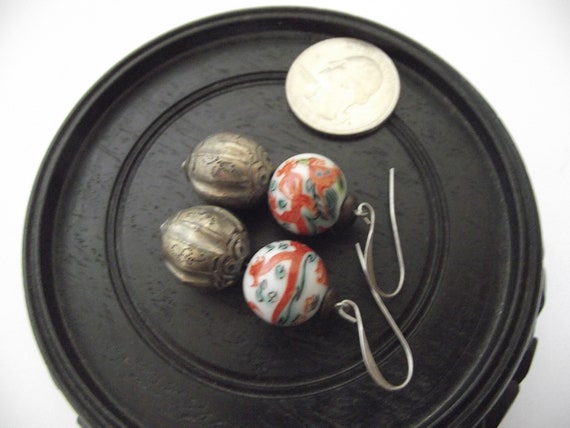 Vintage Porcelain Dragon Silver Qing bead earrings - image 5